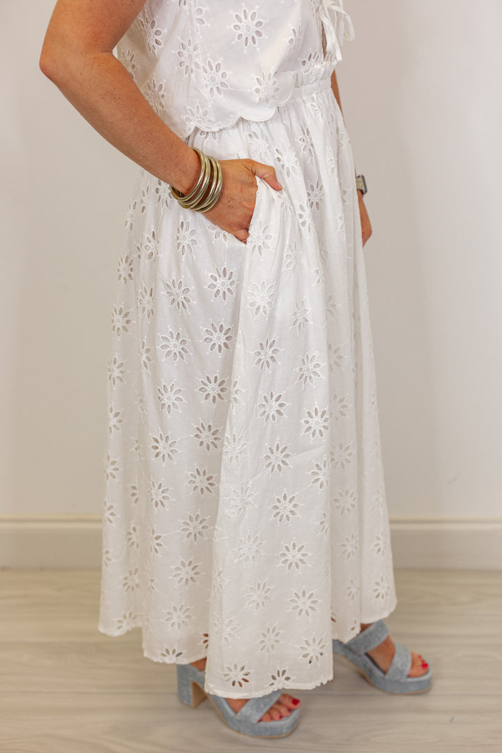 white eyelet floral tie top midi skirt set