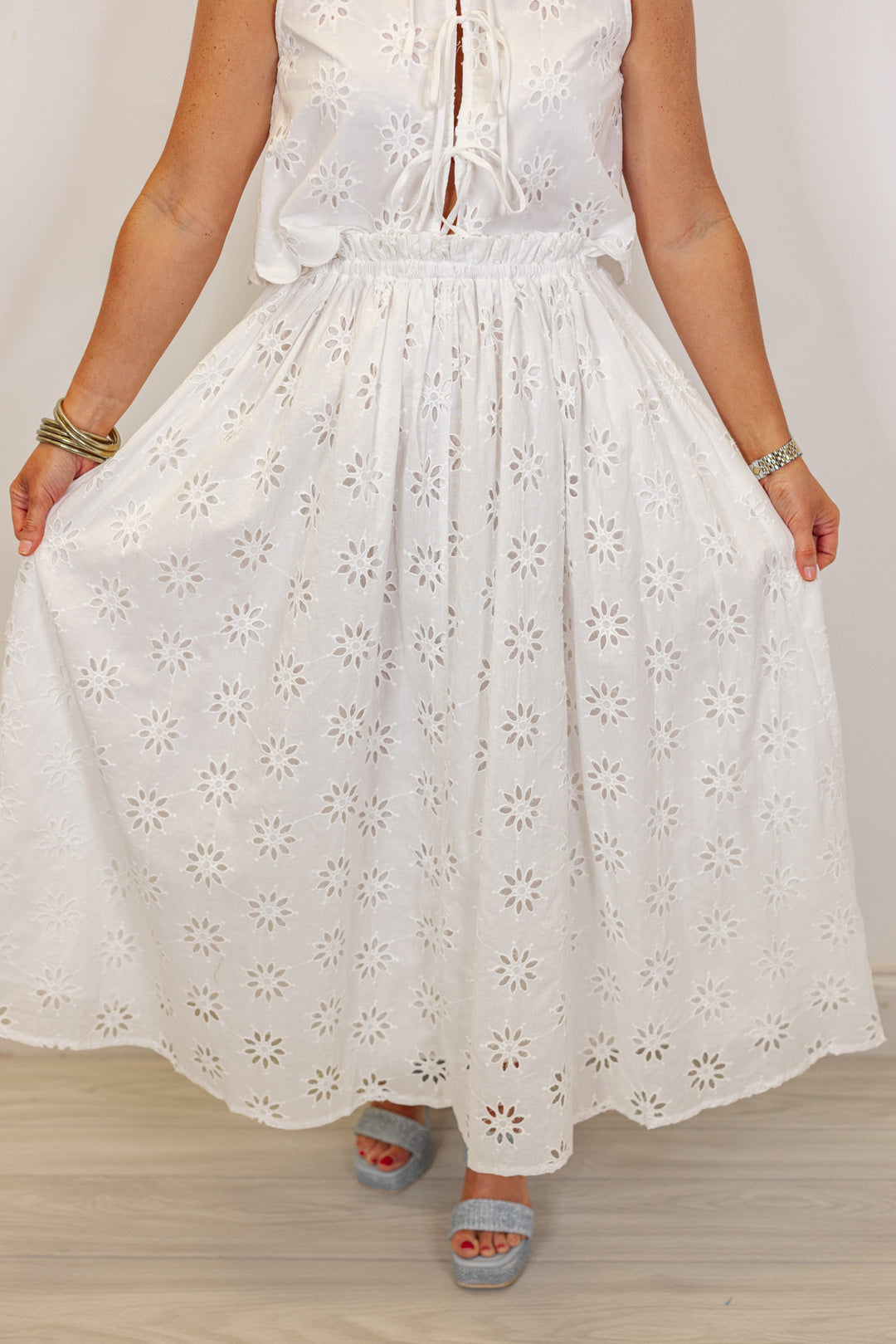 white eyelet floral tie top midi skirt set