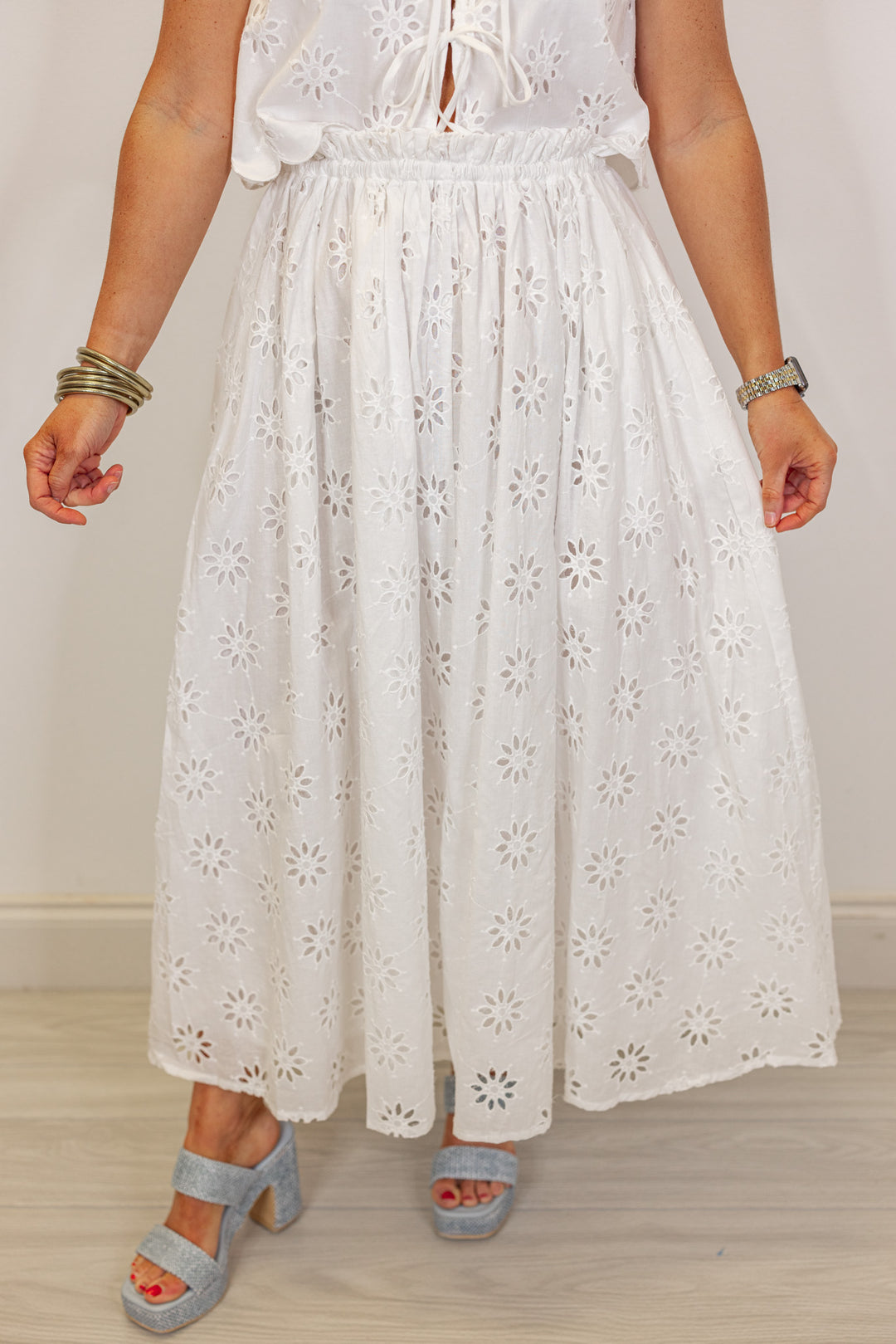 white eyelet floral tie top midi skirt set