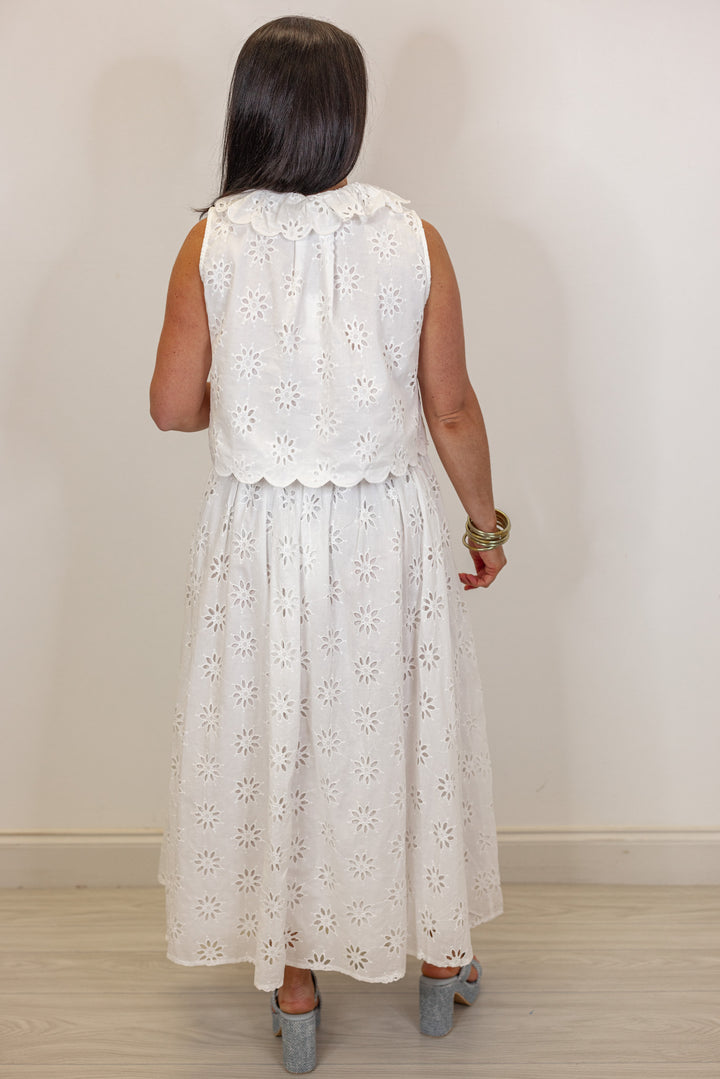 white eyelet floral tie top midi skirt set