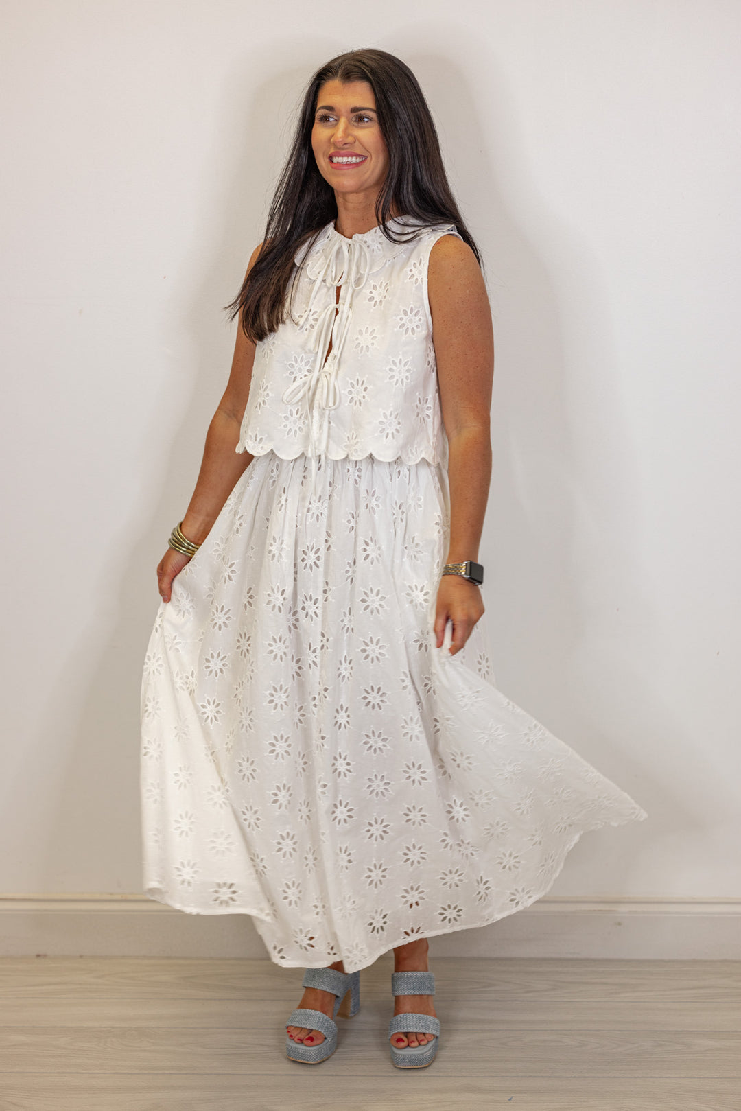white eyelet floral tie top midi skirt set