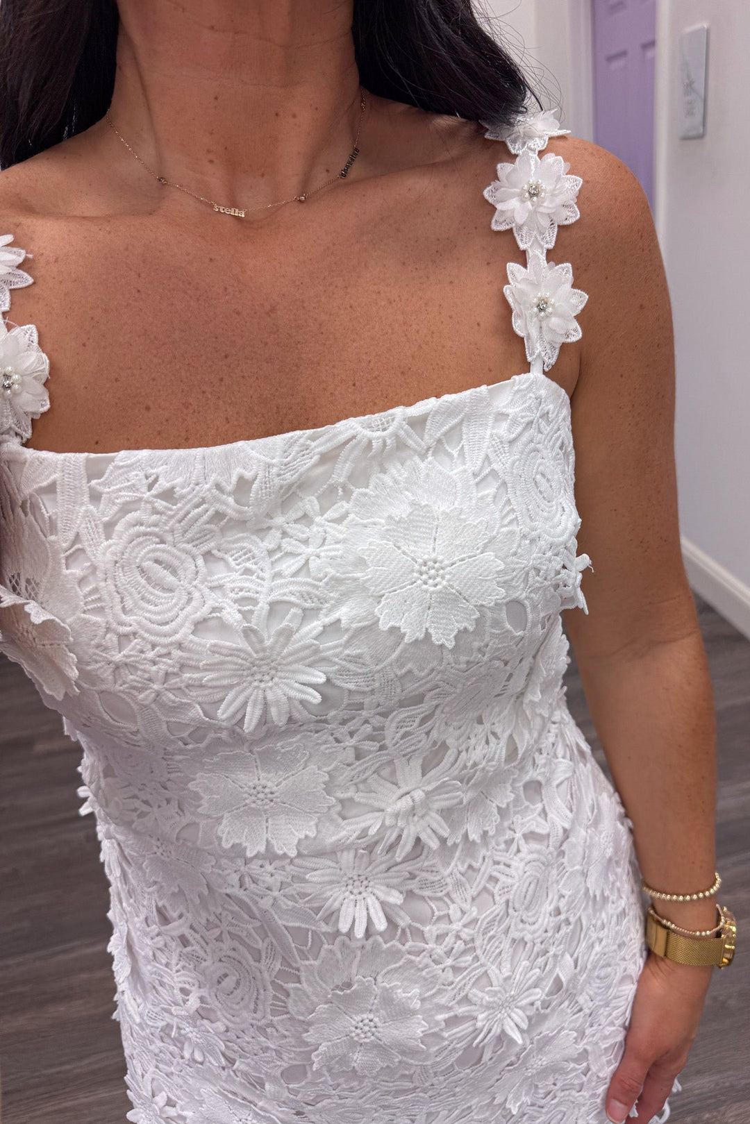 solid white floral lace embroidered sleeveless square neckline mini dress