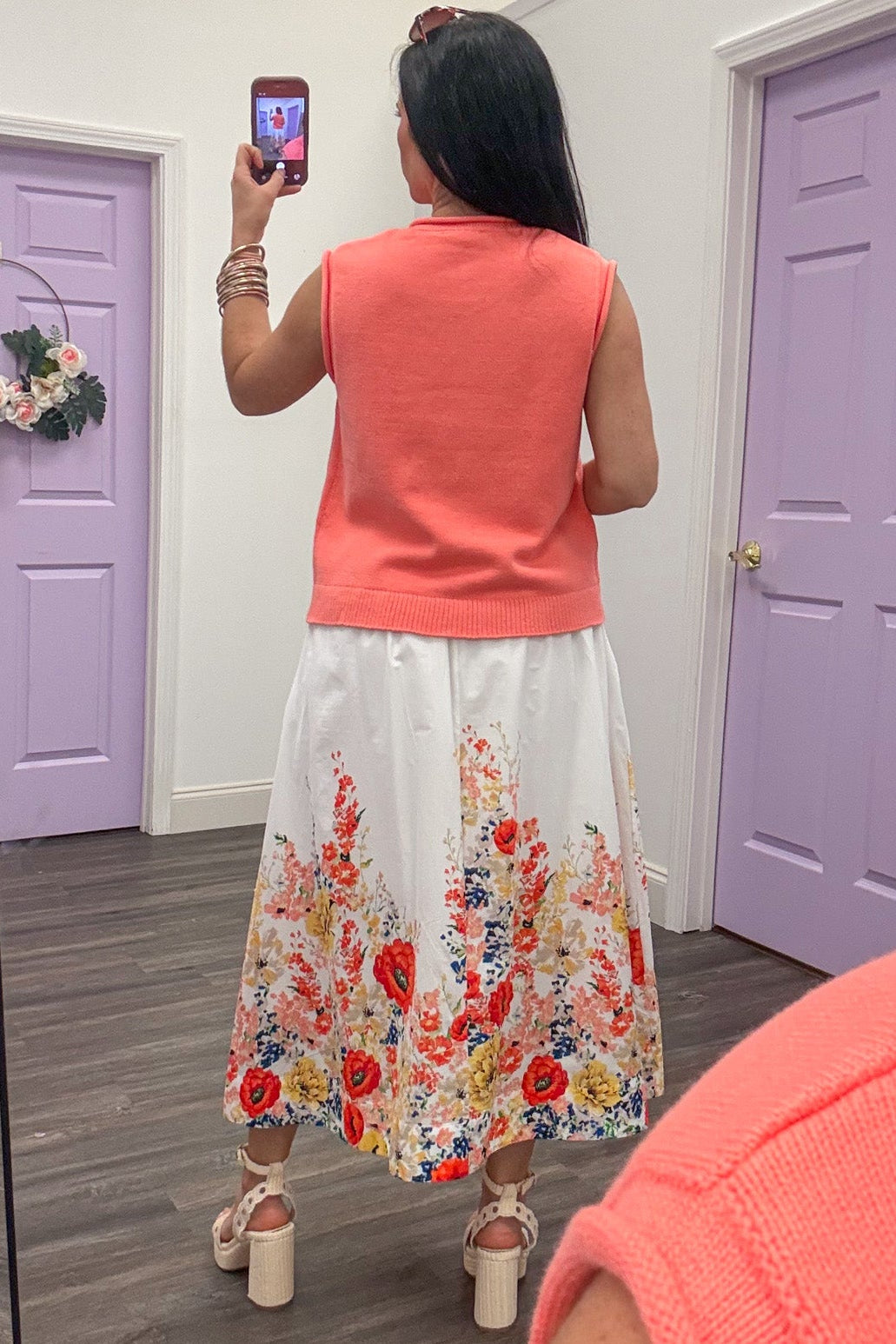 bright multicolored floral print flowy poplin white midi skirt