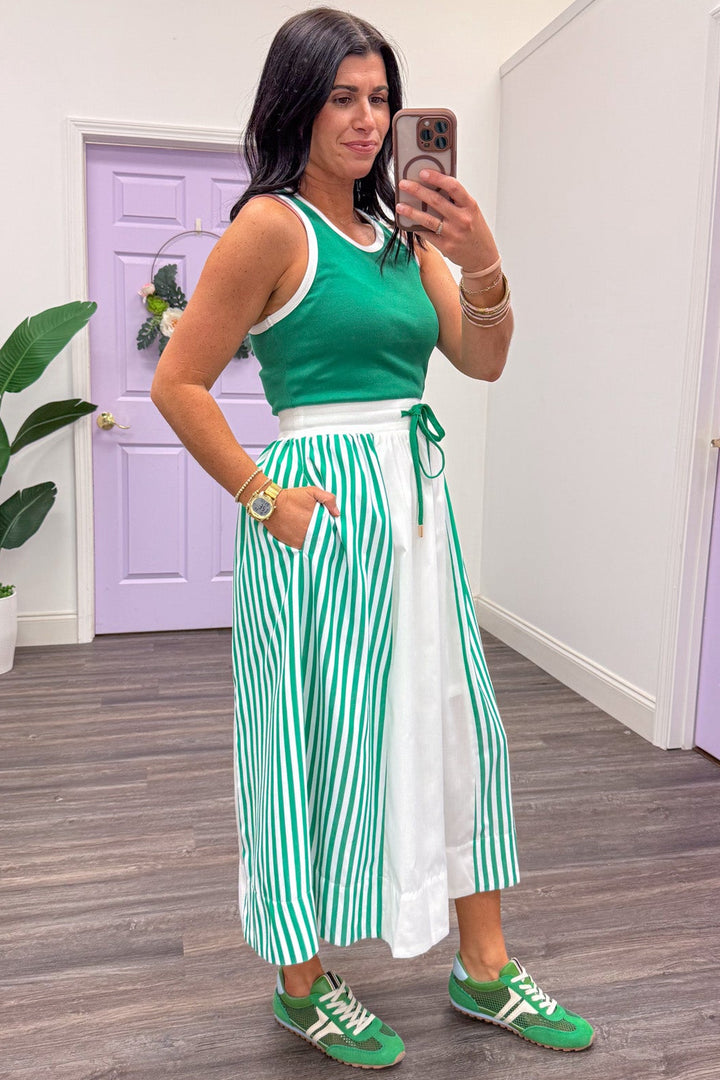white and green vertical striped detail colorblock midi dress side pockets