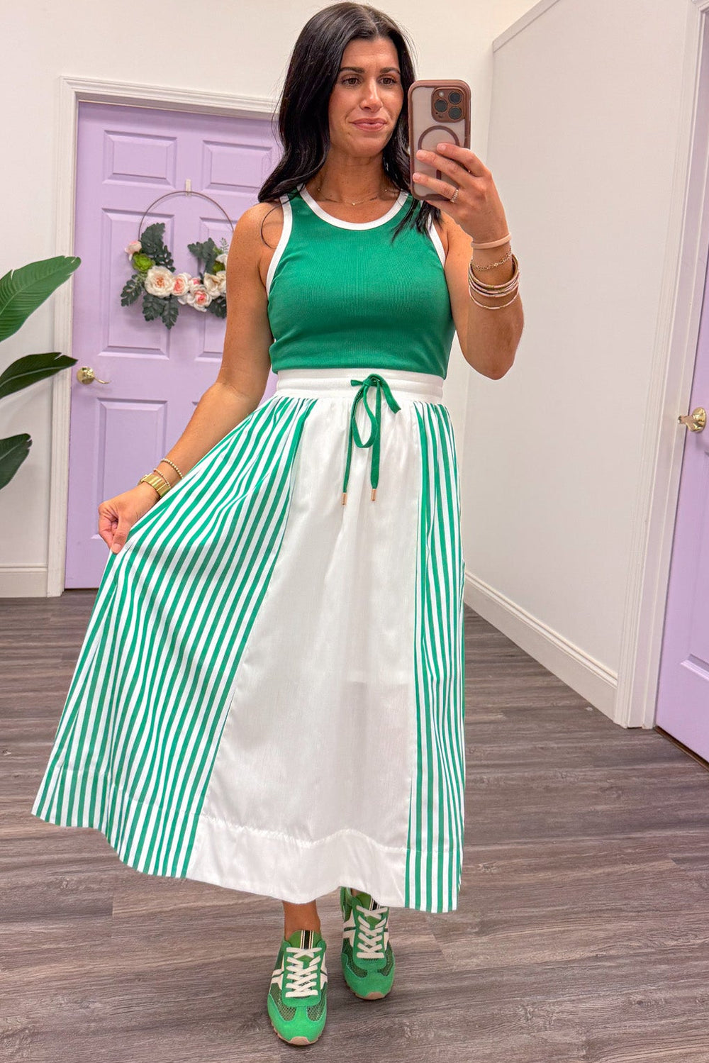 white and green vertical striped detail colorblock midi dress with flowy skirt