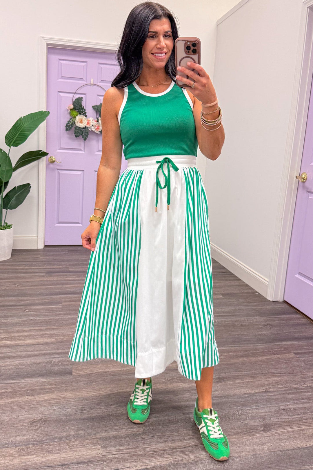 Women's Green And White Striped Colorblock Midi Dress – Purple Door Boutique