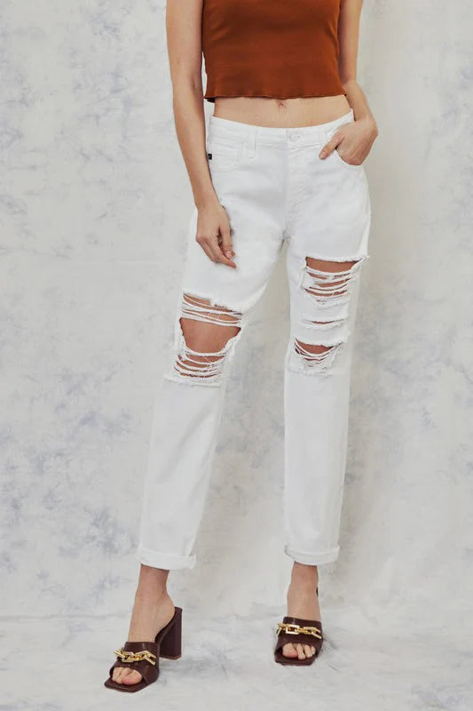 Kan Can white denim distressed jeans