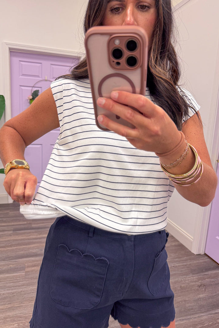 navy and white horizontal striped sleeveless bubble hem top