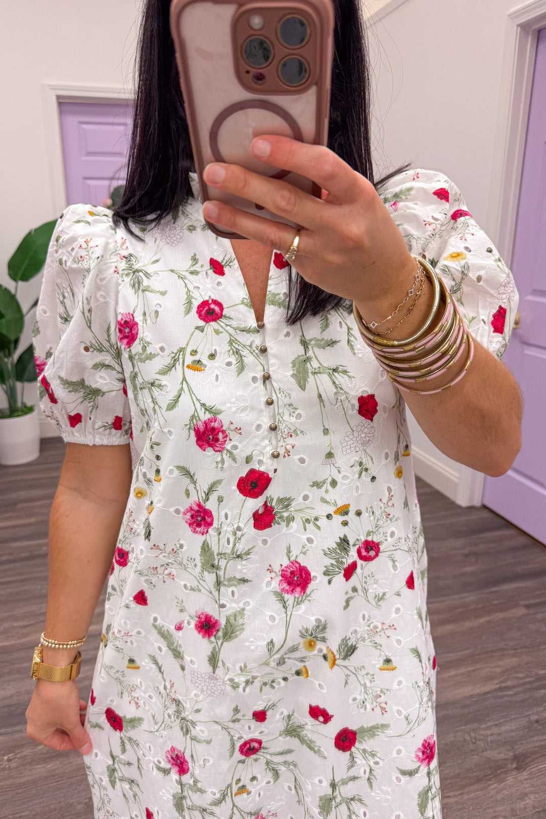 fuchsia and sage floral ruffled v neckline button detail white midi dress