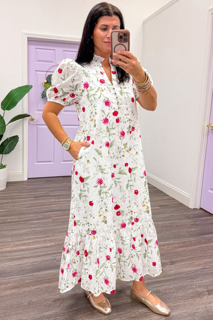 white fuchsia floral eyelet embroidery short puff sleeve midi dress side pockets