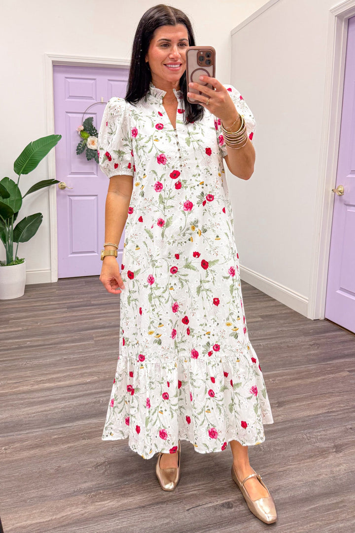 pink and green floral eyelet embroidery white poplin midi dress