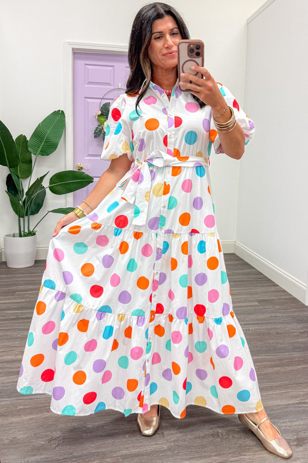 multicolor polka dot print button front short sleeve flowy white maxi dress
