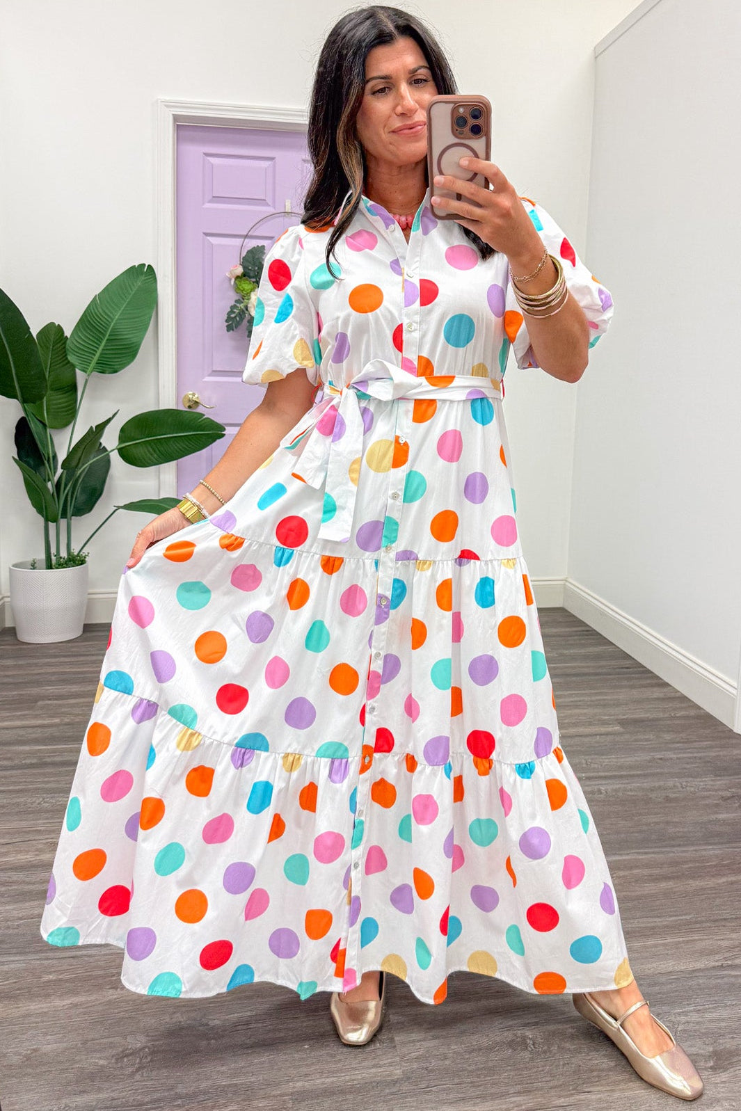 multicolor polka dot print button front short sleeve flowy white maxi dress