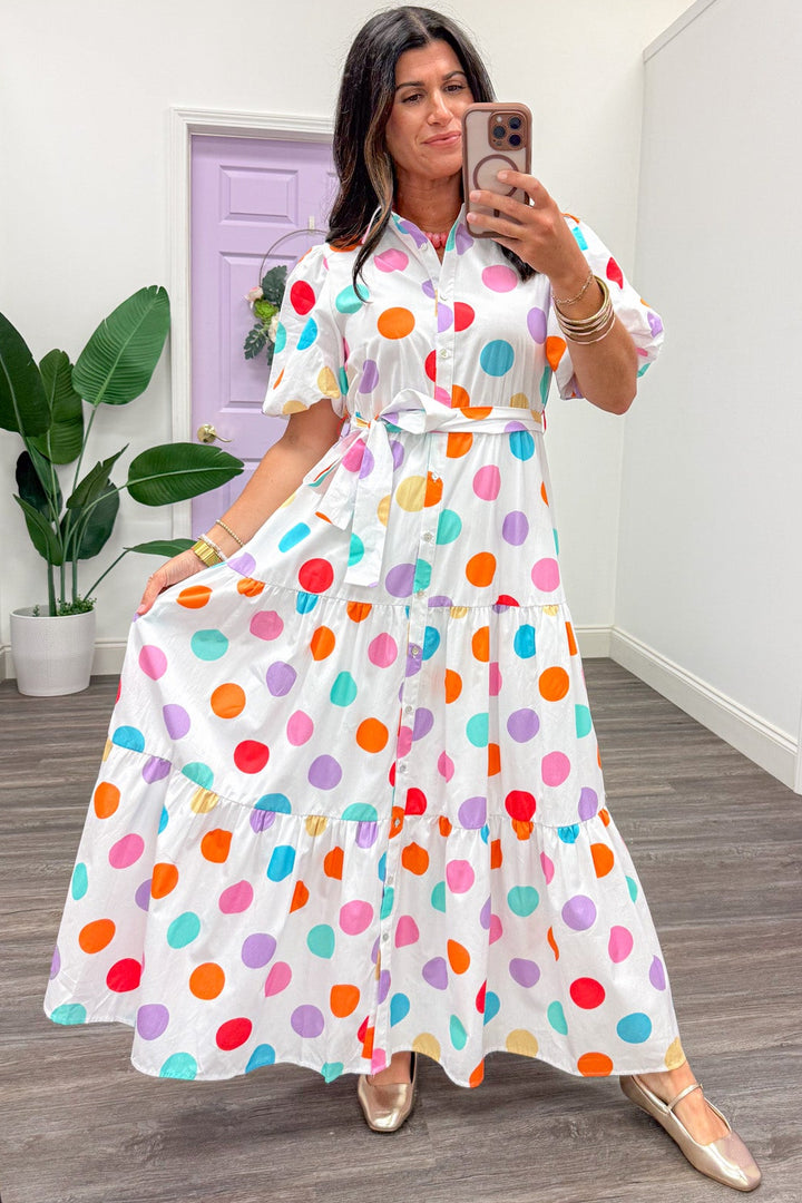 multicolor polka dot print button front short sleeve flowy white maxi dress
