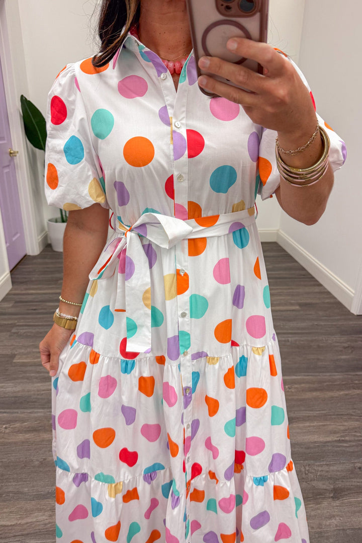 multicolor polka dot print short sleeve belted waist white maxi dress
