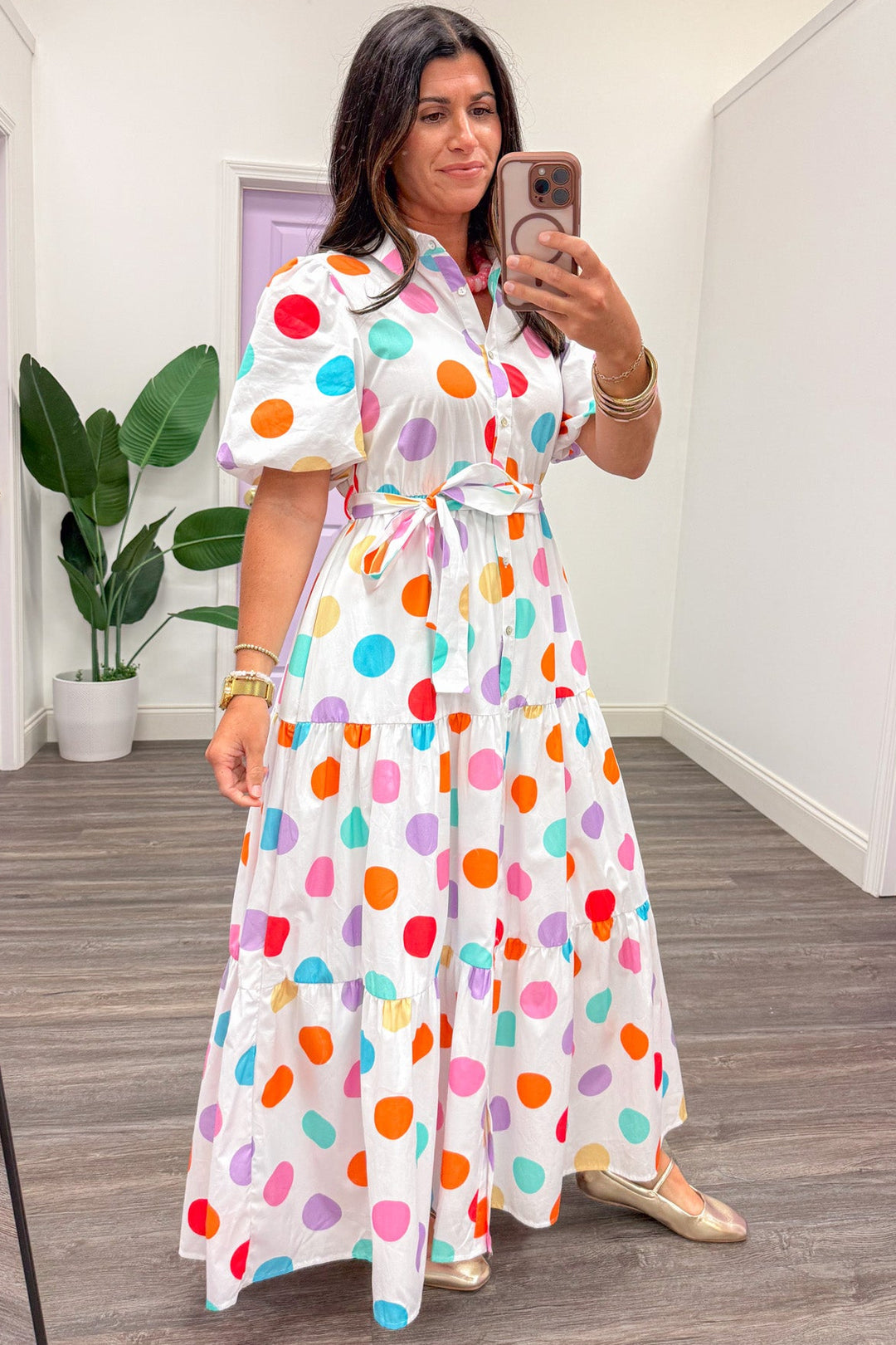 multicolor polka dot print collared neckline short puff sleeve white maxi dress