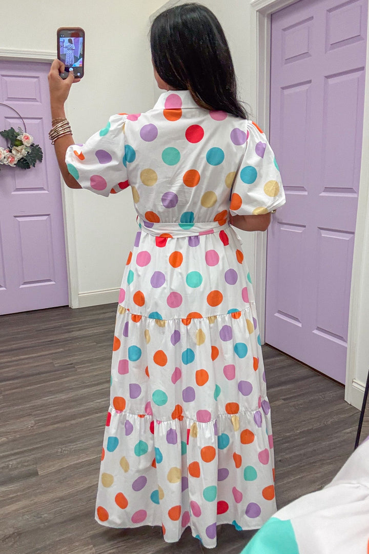 multicolor polka dot print button front short sleeve tiered white maxi dress