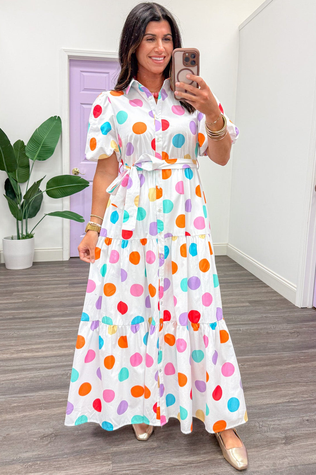 multicolor polka dot print button front short sleeve white poplin maxi dress