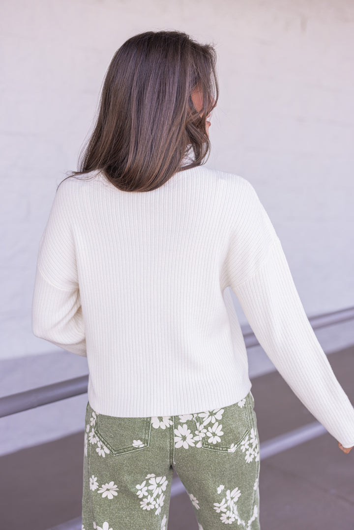 Women's cream soft ribbed knit mock neck sweater by Blu Pepper showing back view