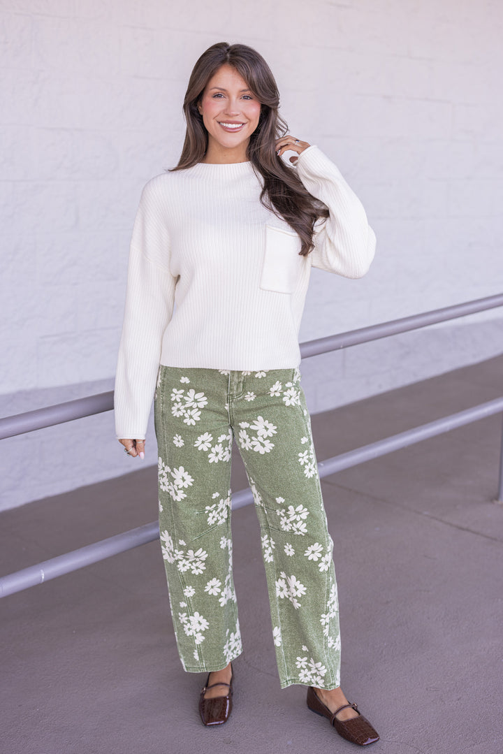 Women's cream soft ribbed knit mock neck sweater by Blu Pepper, perfect for cooler weather