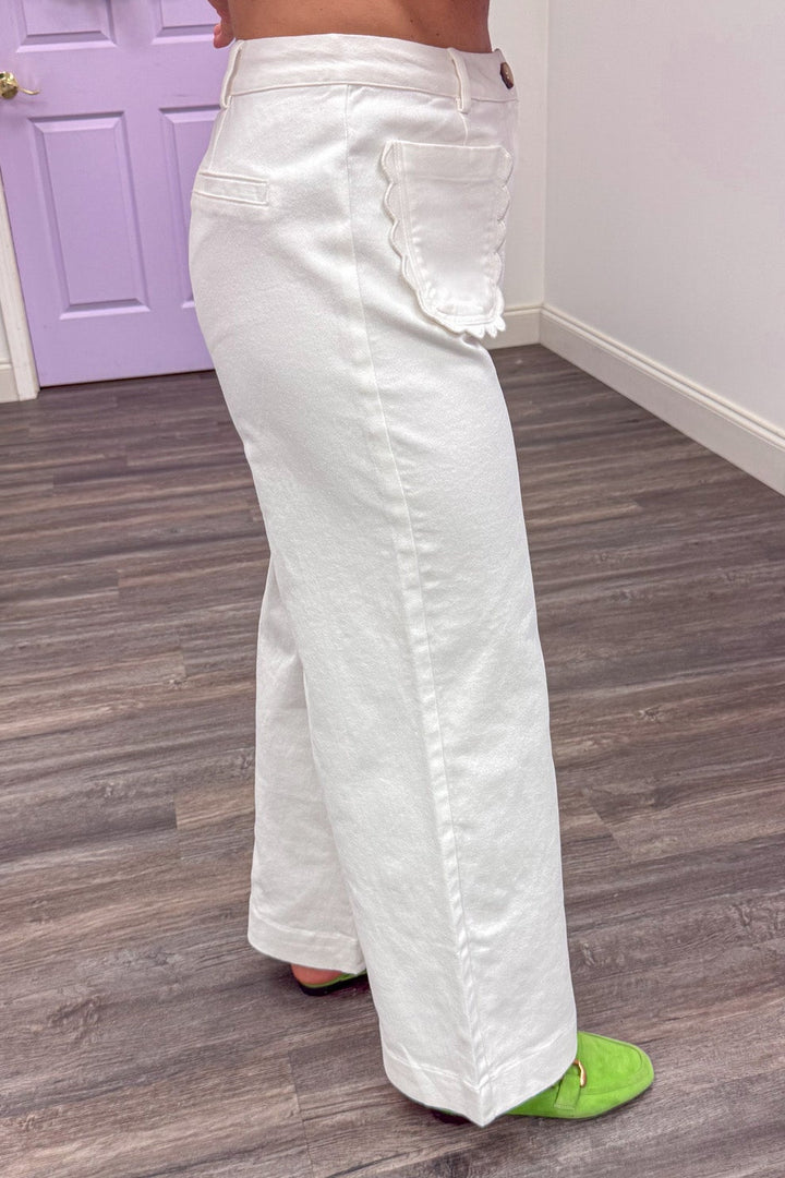 off white scallop detail twill denim wide leg pants button front