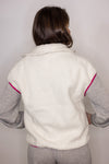 white pink trim sherpa vest