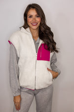 white pink trim sherpa vest