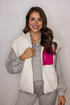 white pink trim sherpa vest