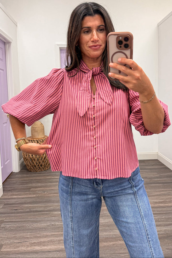 wine and pink vertical striped button front short sleeve tie neck relaxed fit top