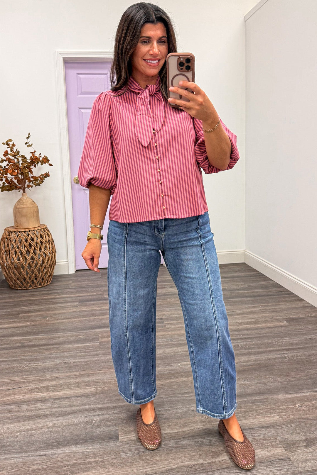 wine and pink vertical striped button front short sleeve tie neck semi-cropped top