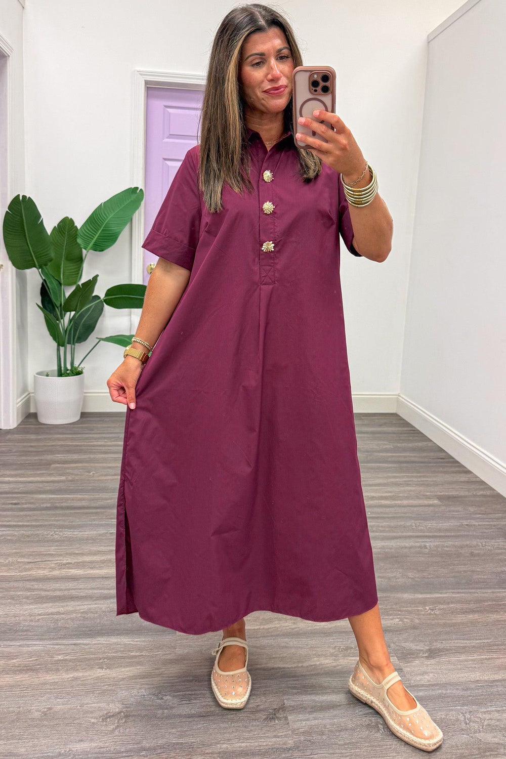 solid wine with decorative gold button bodice short sleeve relaxed silhouette midi dress