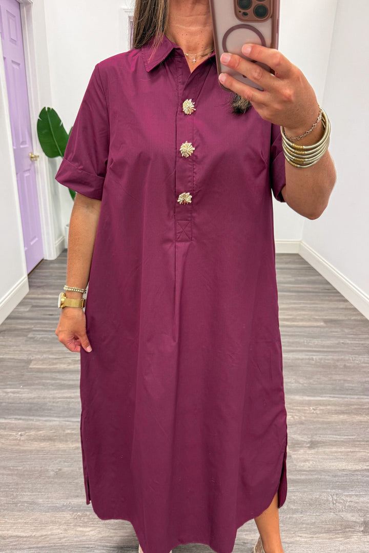 solid wine with collared decorative gold button bodice short sleeve midi dress