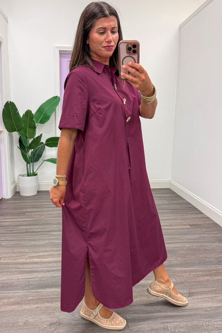 solid wine with decorative gold button bodice short sleeve midi dress with side slits at hem