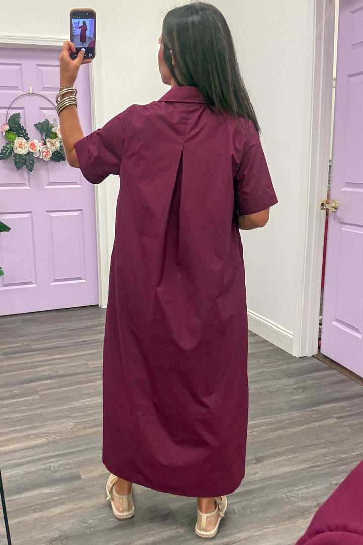 solid wine with decorative gold button bodice short sleeve midi dress with gathered back detail
