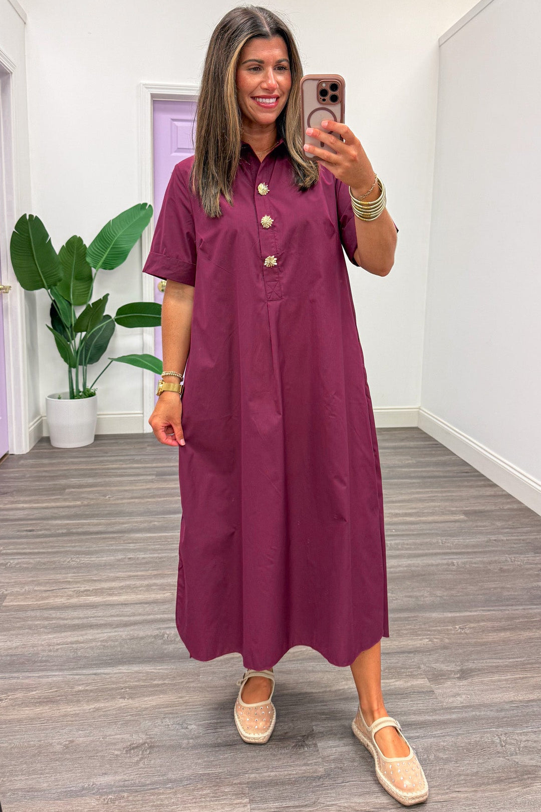 solid wine with decorative gold button bodice short sleeve midi dress