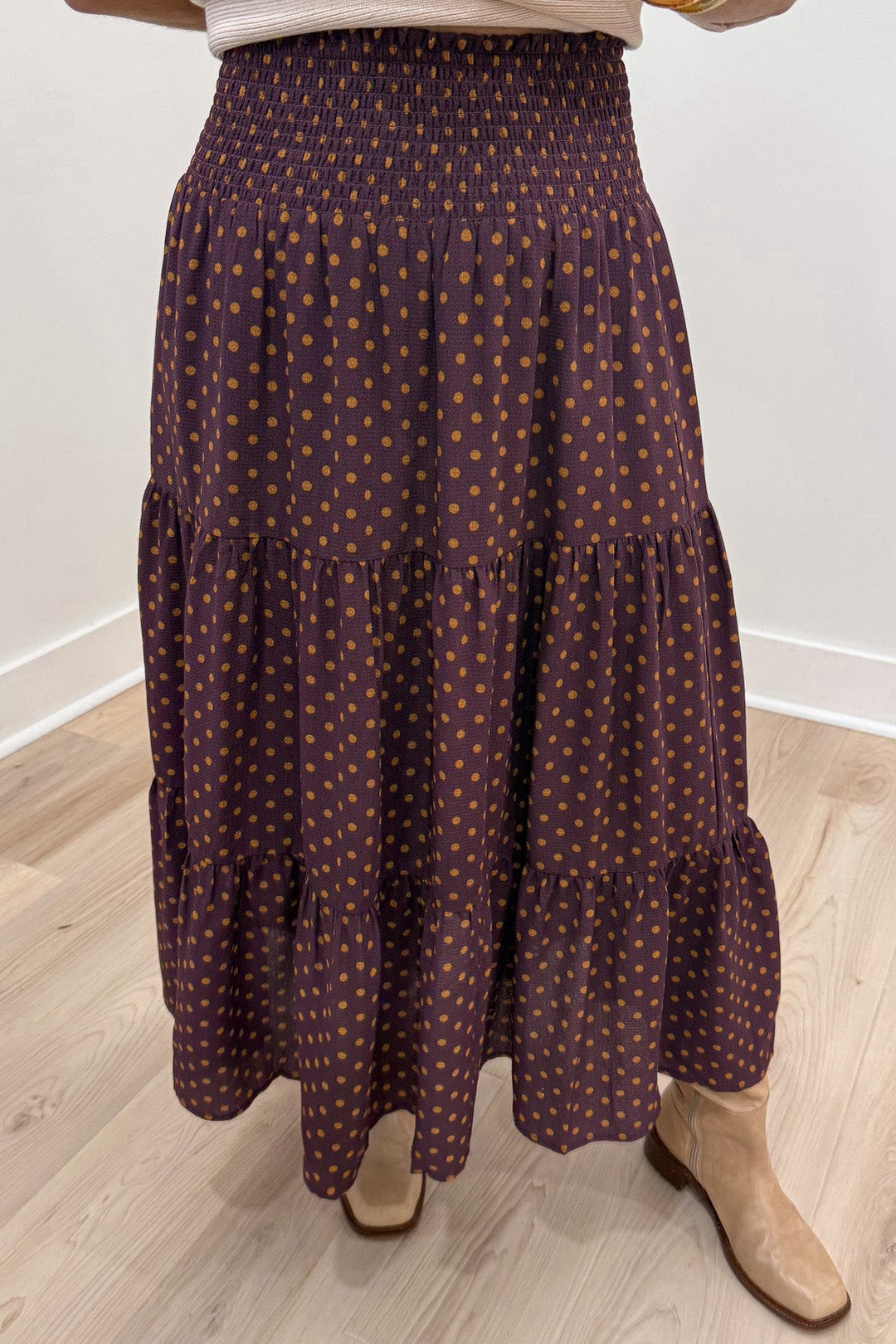 wine with tan polka dot print wide smocked elastic waist flowy tiered midi skirt