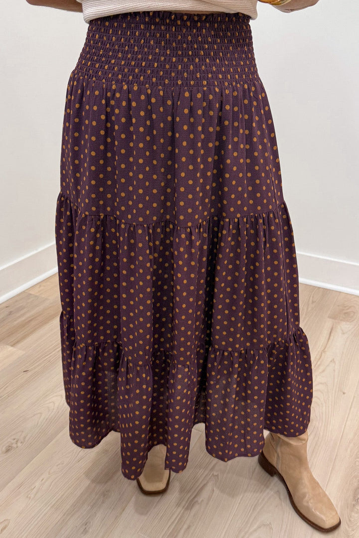 wine with tan polka dot print wide smocked elastic waist flowy tiered midi skirt