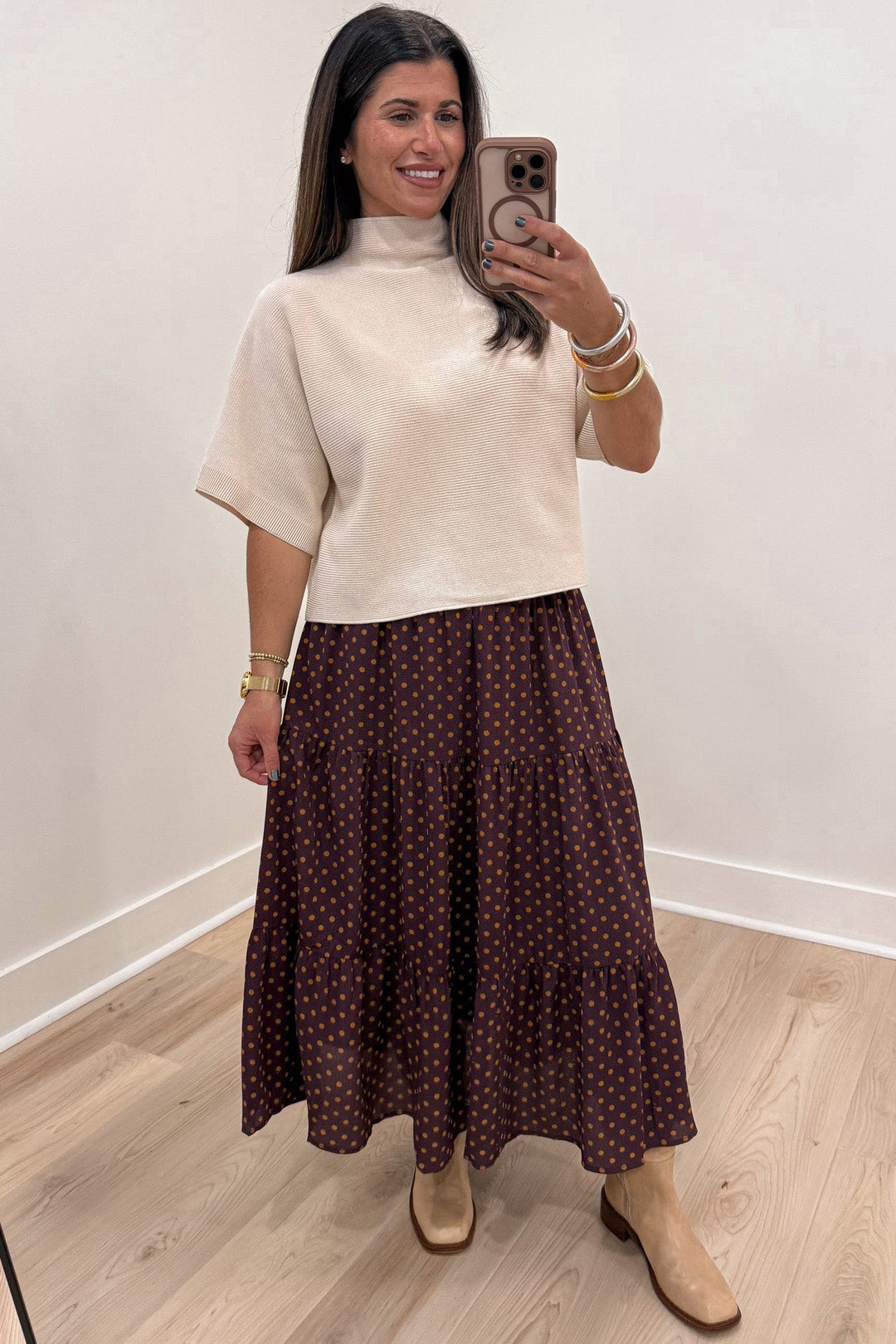 wine with tan polka dot print elastic waistband flowy tiered midi skirt