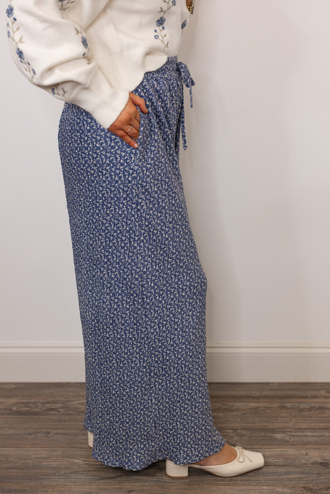 cotton blue floral wide leg pant