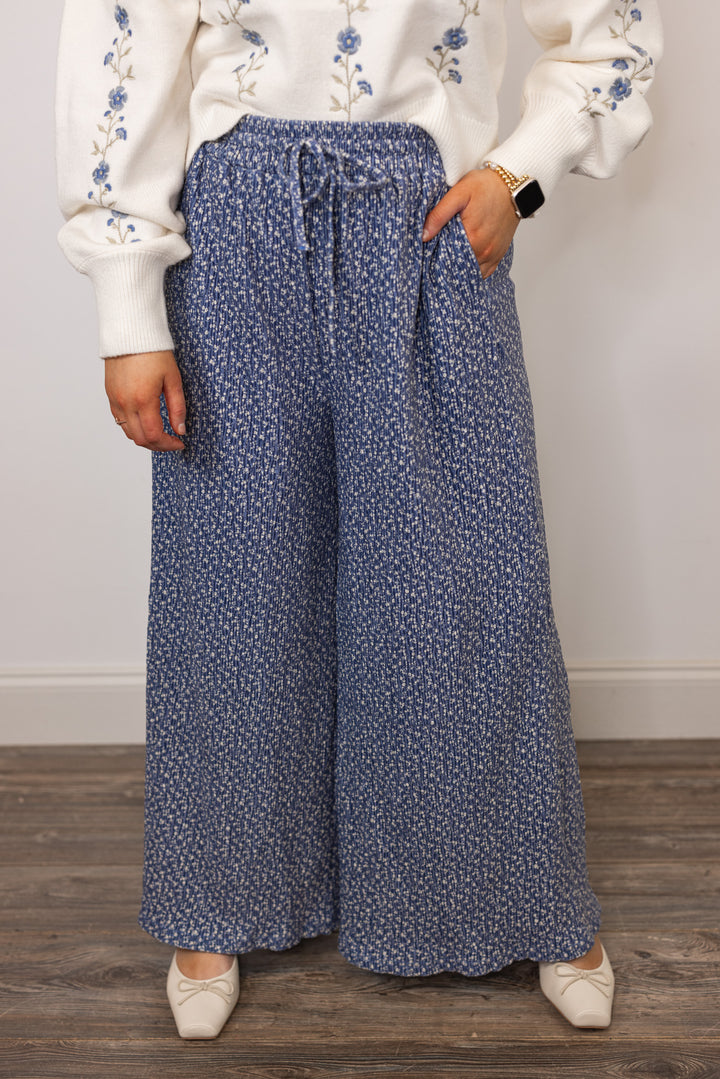cotton blue floral wide leg pant