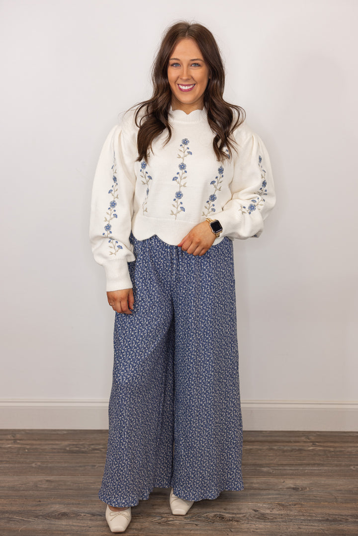 cotton blue floral wide leg pant