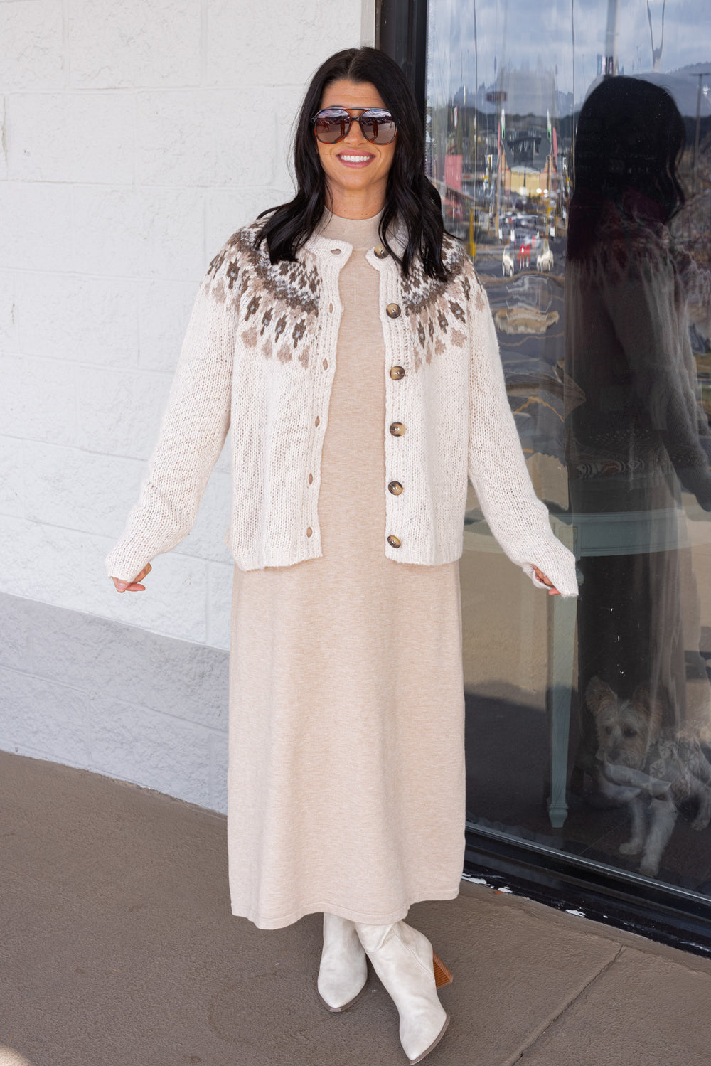 Women's sand beige knit long sleeve midi sweater dress by Entro, perfect for layering