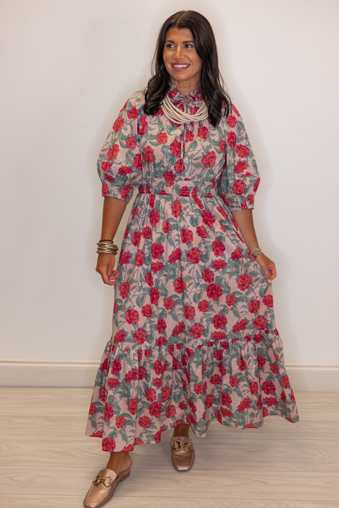 affordable maxi dresses | Full Length Dresses Halter neck baby doll style maxi dress featuring a tropical print of mixed shades of green from Lush Fashion Lounge womens boutique in Oklahoma City Womens Maxi Dresses Casual Summer