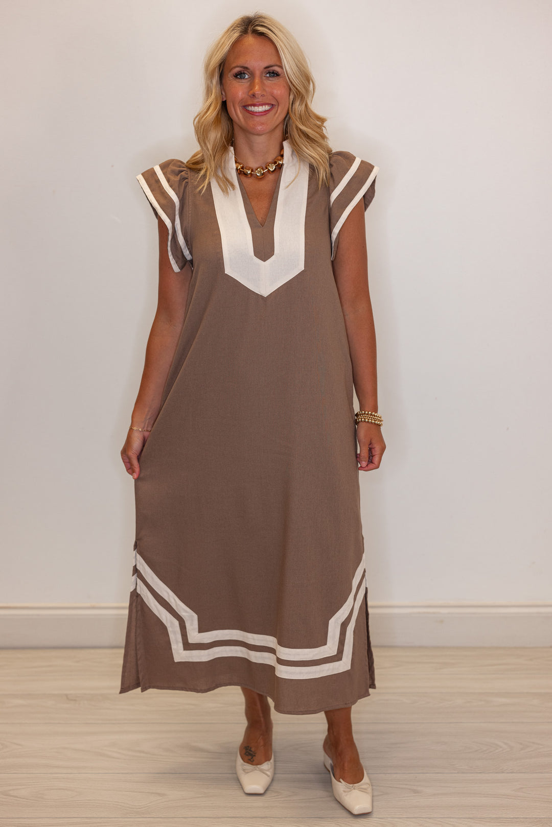 Women's mocha linen midi dress with caftan-inspired cream band trim by Entro showing full front view
