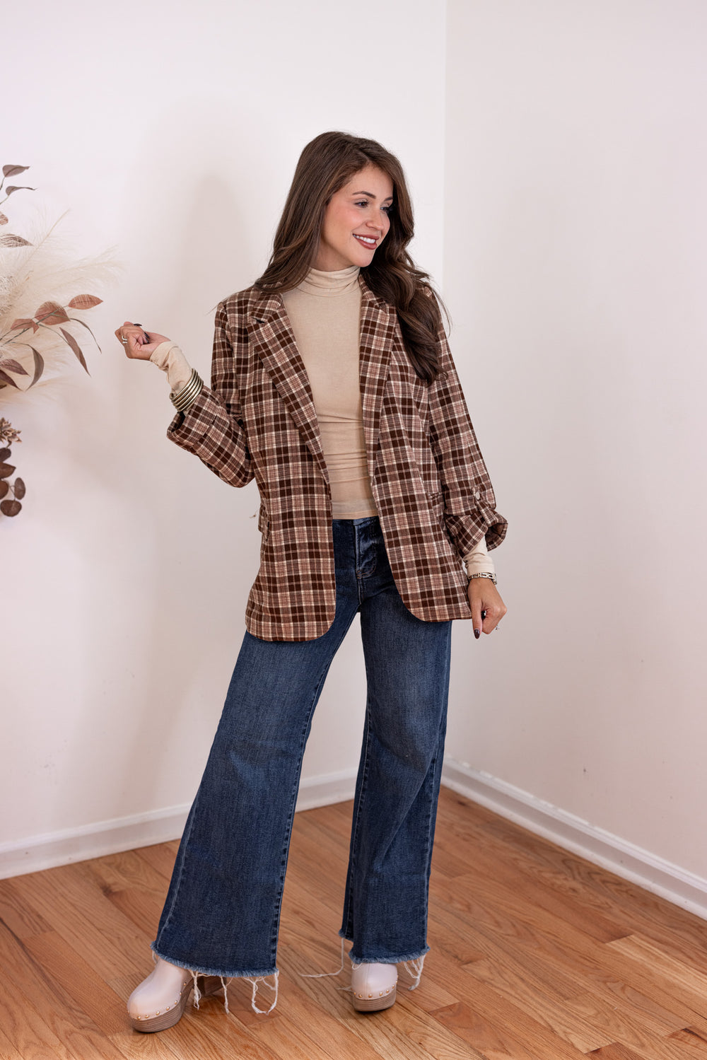 Brown Plaid Flannel Blazer Jacket Purple Door Boutique Commerce GA