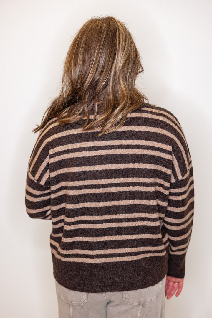 Women's brown and mocha striped sweater knit top with front seam detail by Blu Pepper showing up close back view