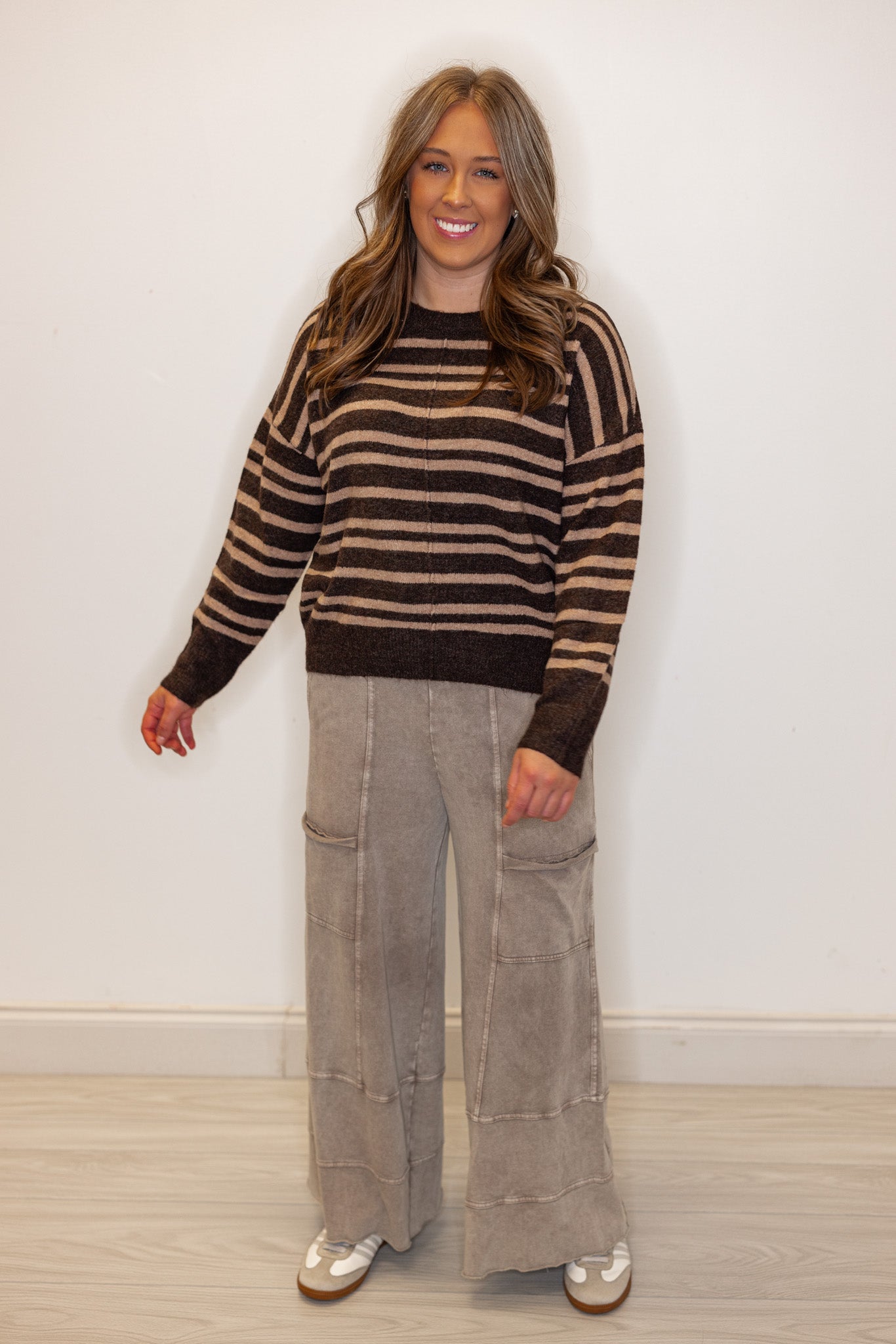 Women's Brown And Mocha Striped Sweater Knit Top – Purple Door