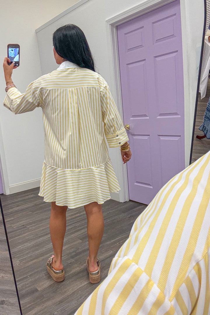 yellow white striped collared long sleeve short peplum hem dress back