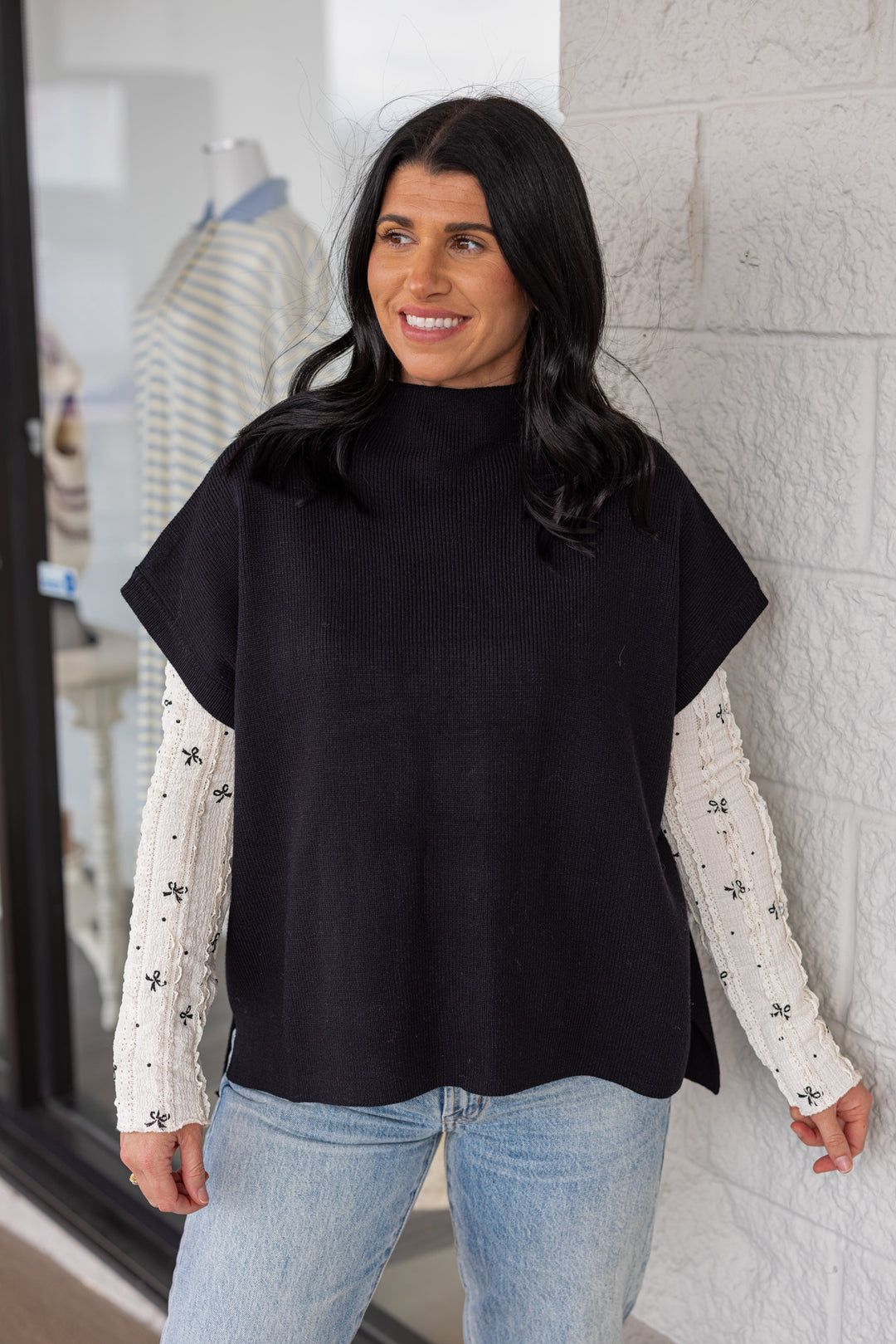 Women's black ribbed knit short dolman sleeve mock neck top by Jodifl