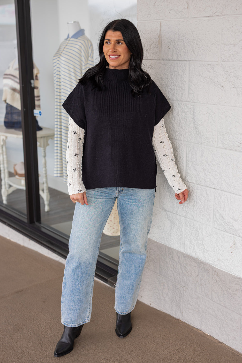 Women's black ribbed knit short dolman sleeve mock neck top by Jodifl showing full front view